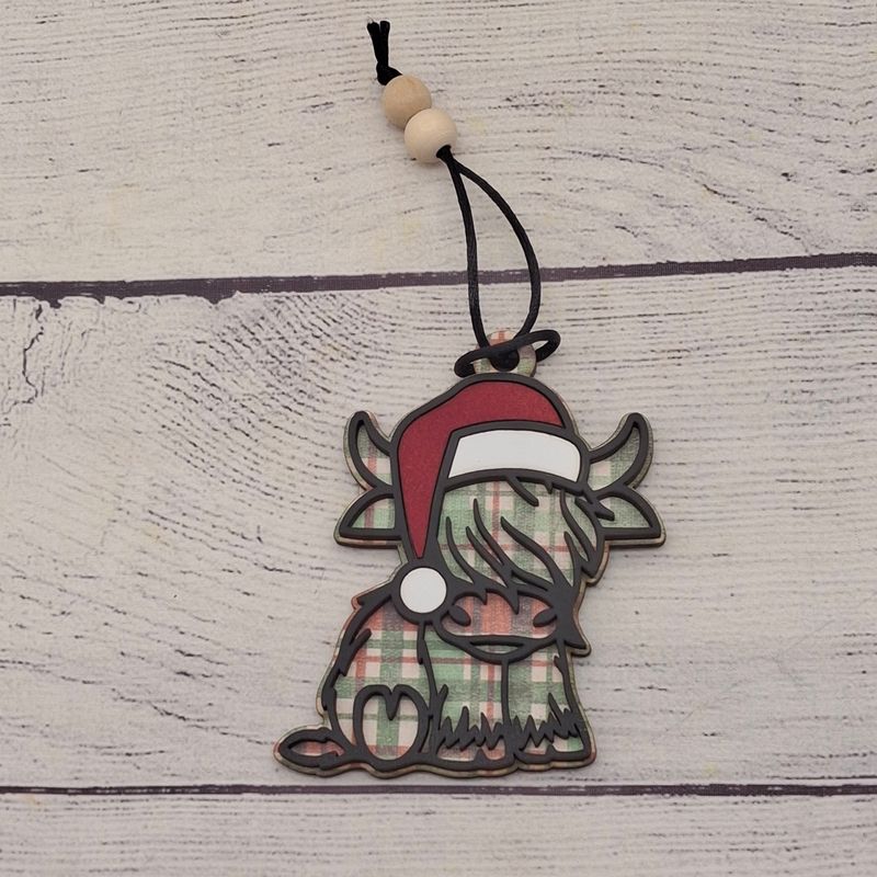 Santa Highland Cow Ornament - Plaid