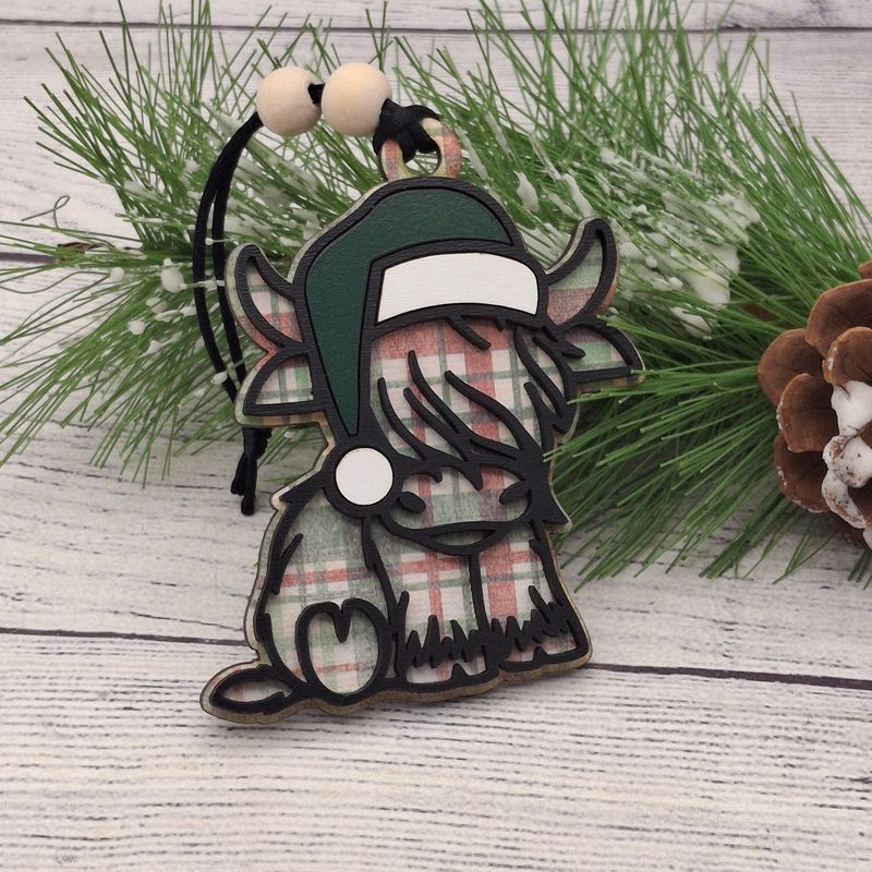 Santa Highland Cow Ornament - Plaid with Green Hat
