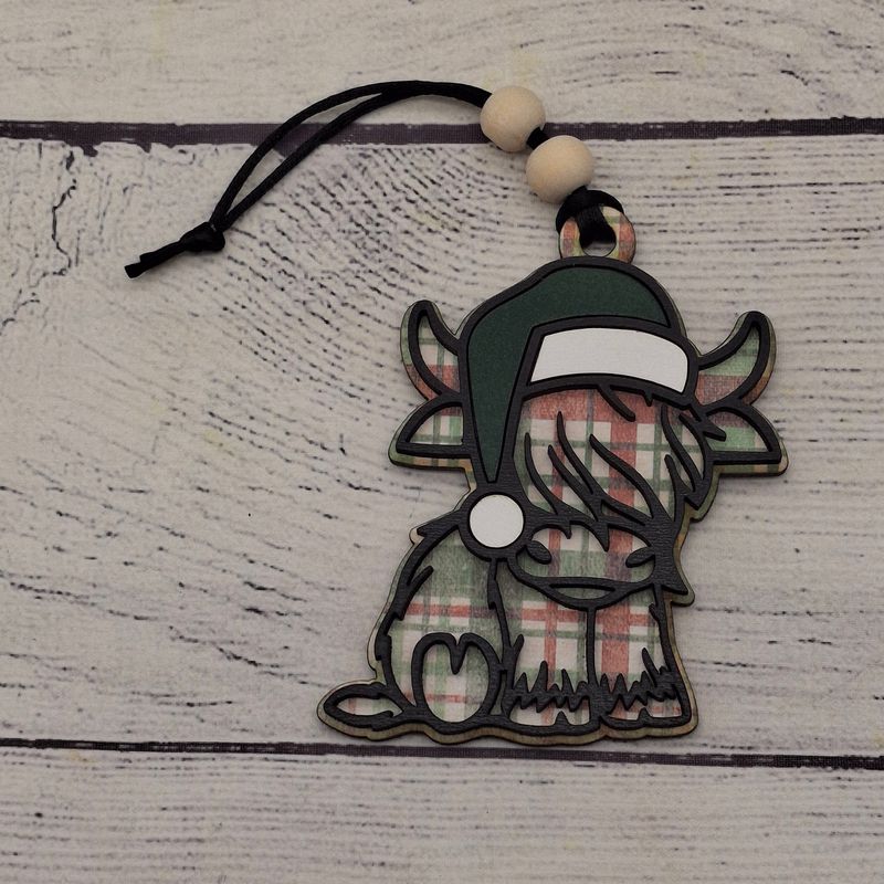 Santa Highland Cow Ornament - Plaid with Green Hat