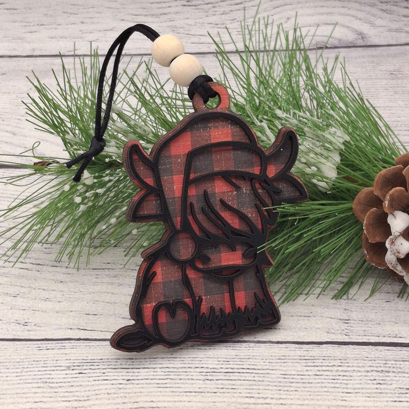 Santa Highland Cow Ornament - Red and Black Buffalo Plaid