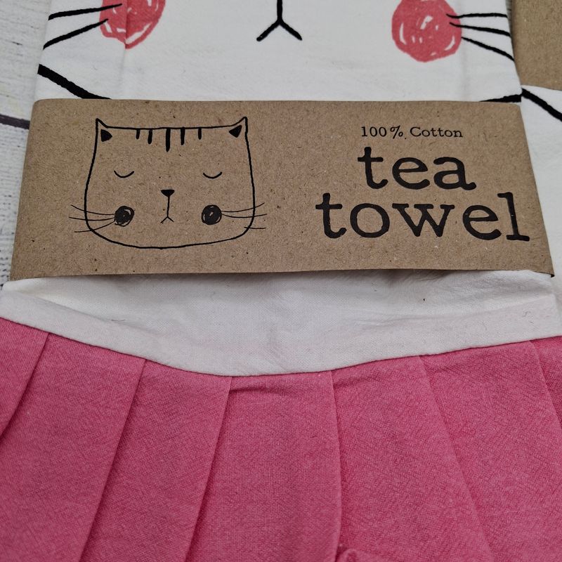 Kitty Kitchen Tea Towels, Cute Cat, White Hand Towel with Pink Ruffle