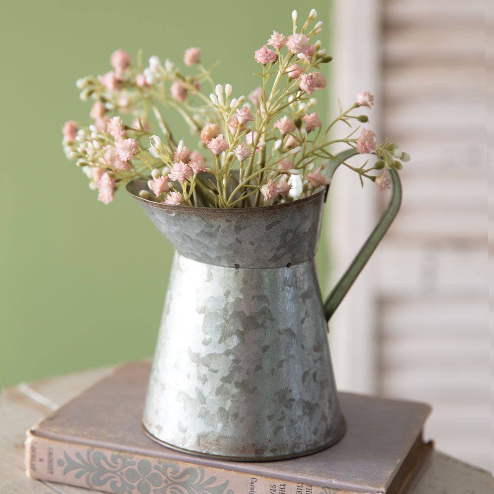 Short Pitcher Vase, Galvanized Tin Metal, 5.5 inches Tall, Floral Container