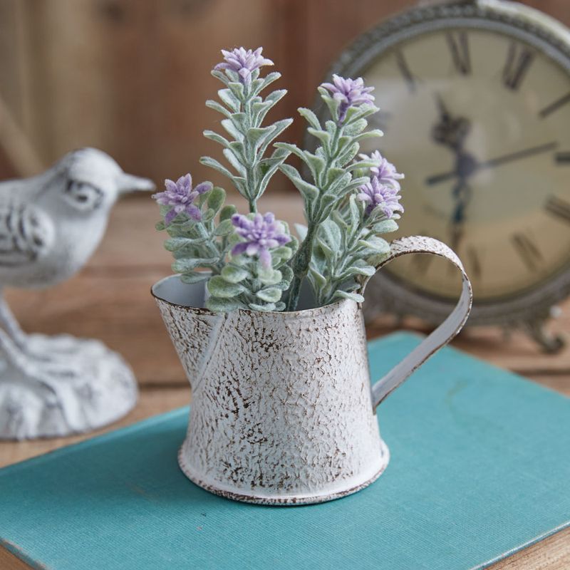 Mini White Tan Metal Pitcher Vase, Tiny 3 inch Floral Container, Distressed