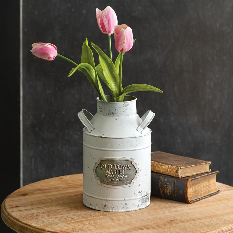 Reproduction Old Town Market Milk Can, 10.5&quot; x 6.5&quot;, Distressed Floral Container