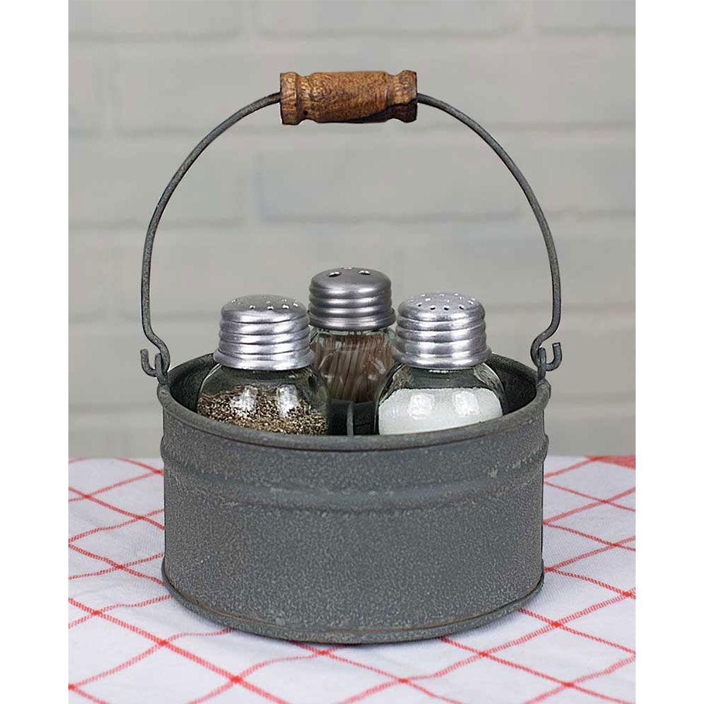 Round Bucket Salt Pepper and Toothpick Caddy, Farmhouse Shakers &amp; Holder