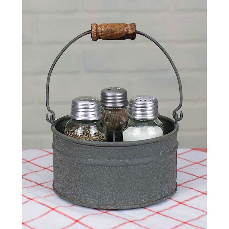 Round Bucket Salt Pepper and Toothpick Caddy, Farmhouse Shakers &amp; Holder