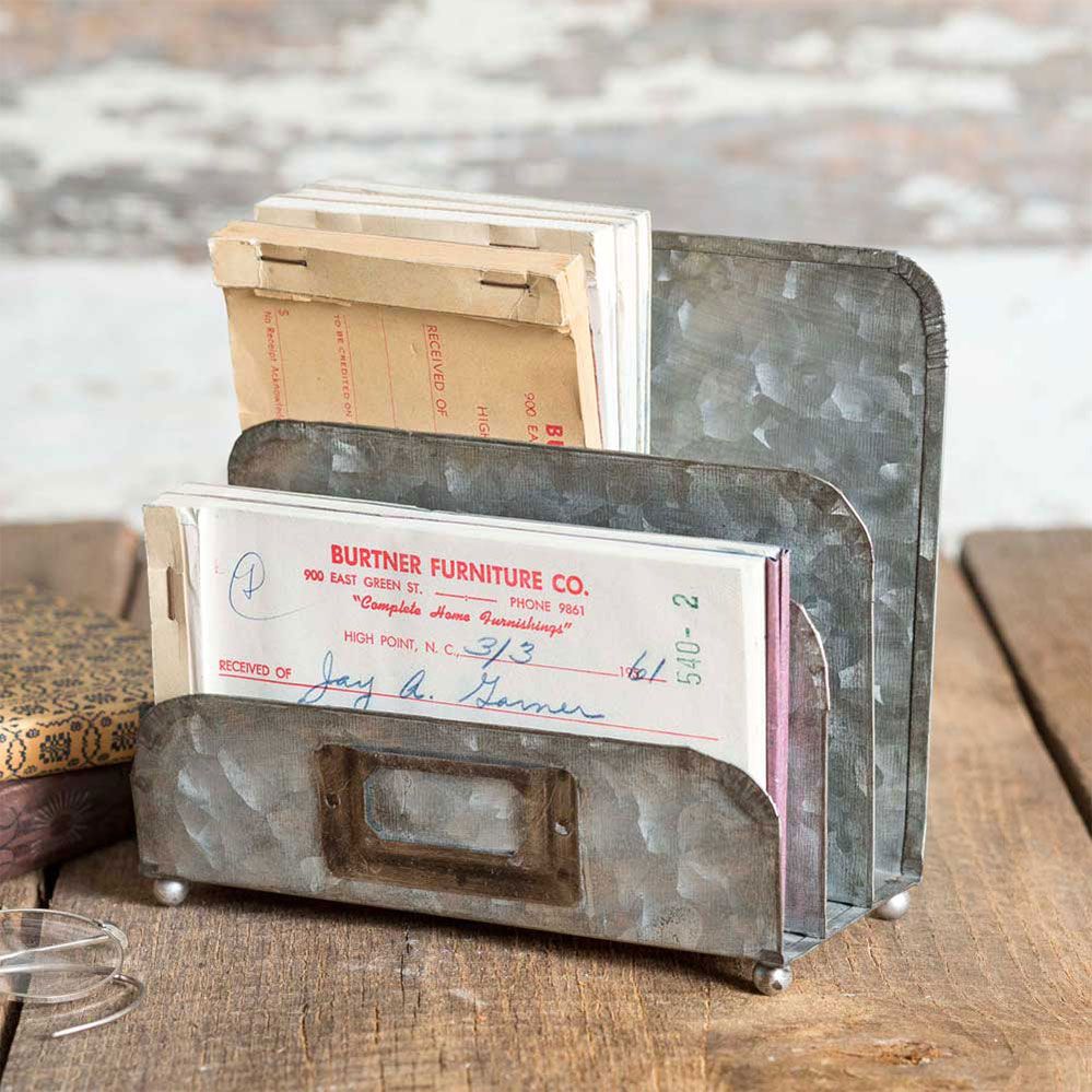 Retro Style Desktop Organizer, Galvanized Metal, Nameplate Letter Mail Caddy