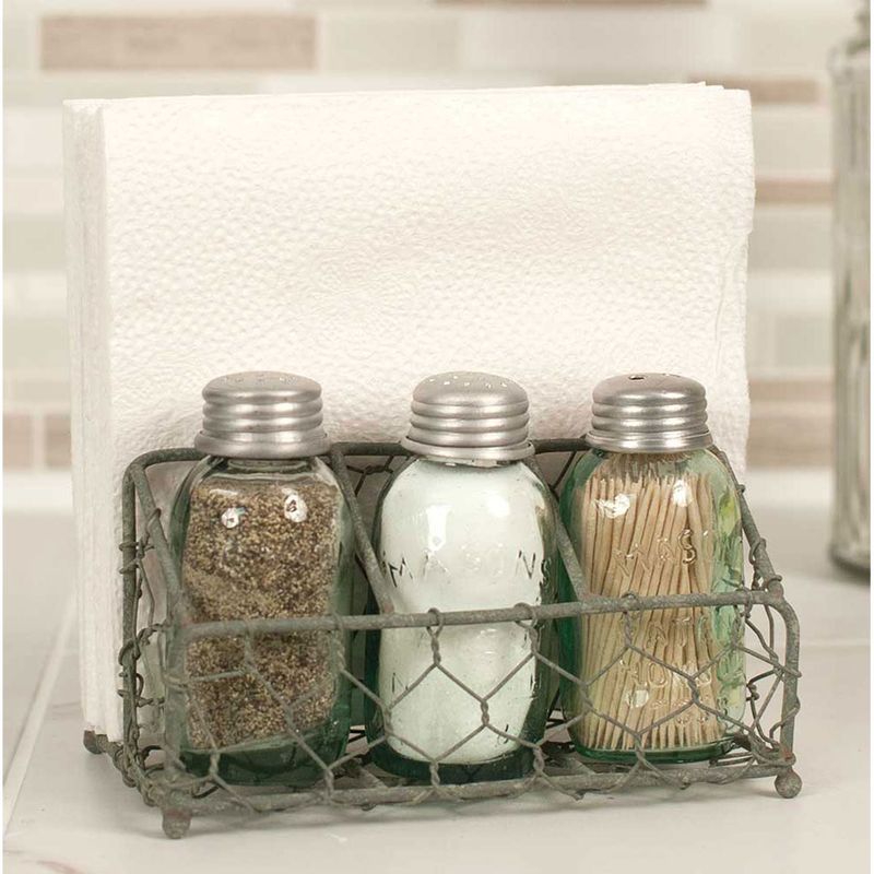 Chicken Wire Salt Pepper Napkin and Toothpick Caddy, Farmhouse Shakers &amp; Holder