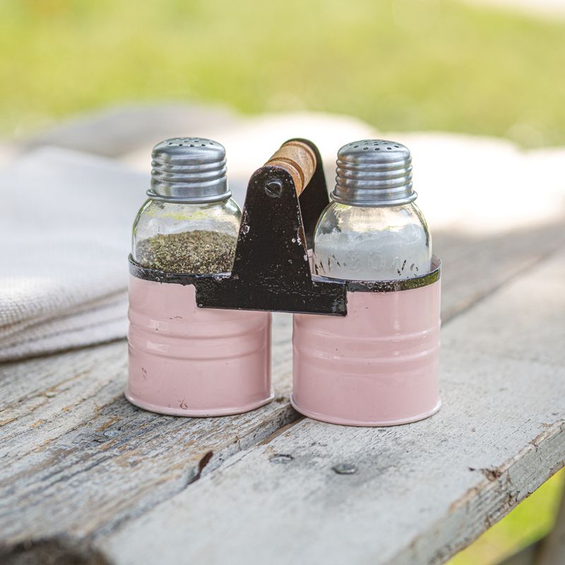 Pink and Black Can Salt n Pepper Caddy, Cute Shakers &amp; Holder, Distressed