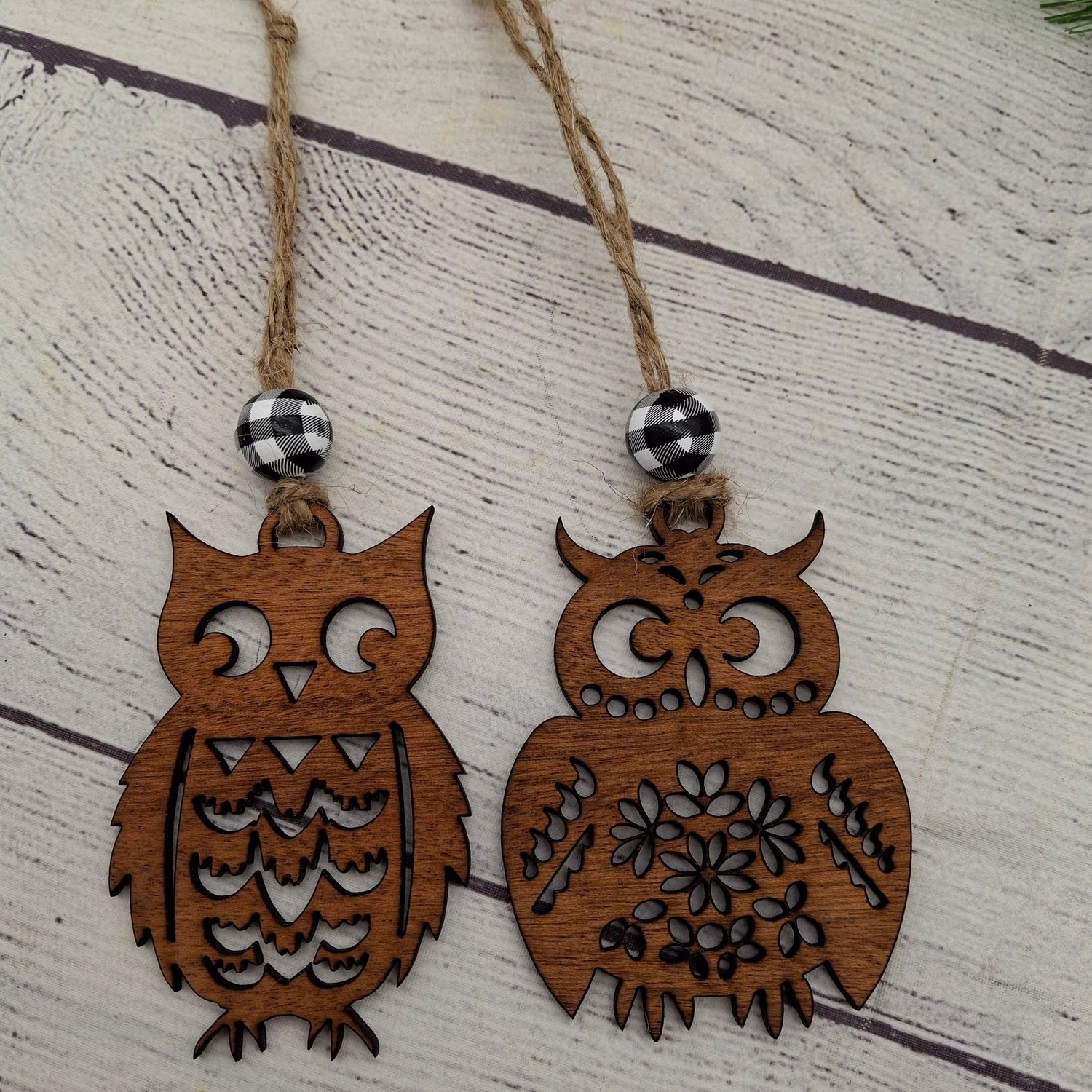 Owl Ornaments, Car Charms, Handmade, Sapele, Single Layer