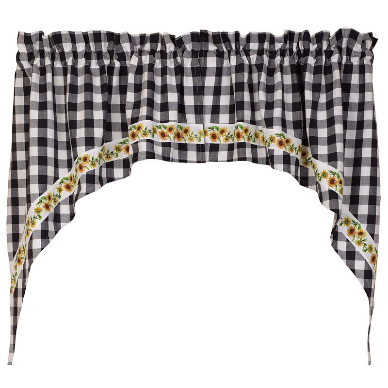 Sunflower Vine Checked Black White Window Swag, 72" x 36"