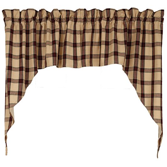 Tan Burgundy Black Checked Lined Window Swag Curtains, 72" x 36", Country