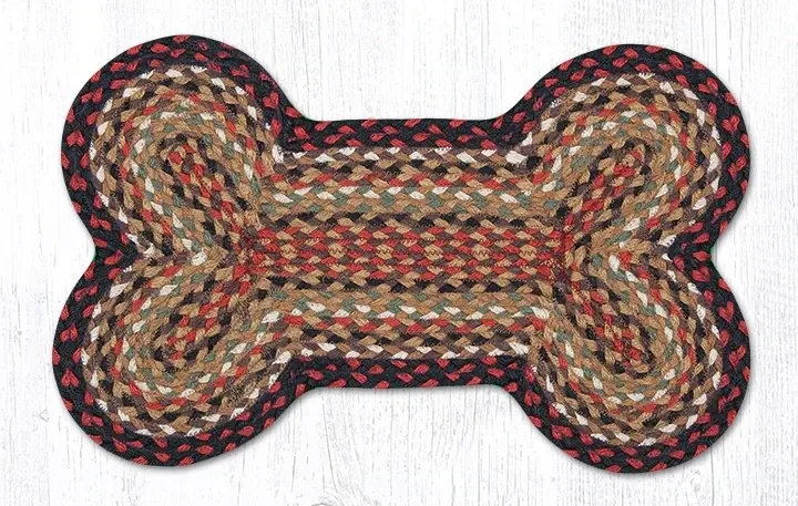 Dog Bone Shaped Braided Jute Rug, 13"x22" Medium Size, Burgundy, Mustard, Ivory