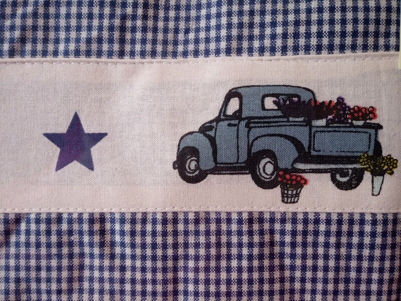Blue Truck Stars Valance, Blue White Check Gingham, Country Primitive, 72" x 14"