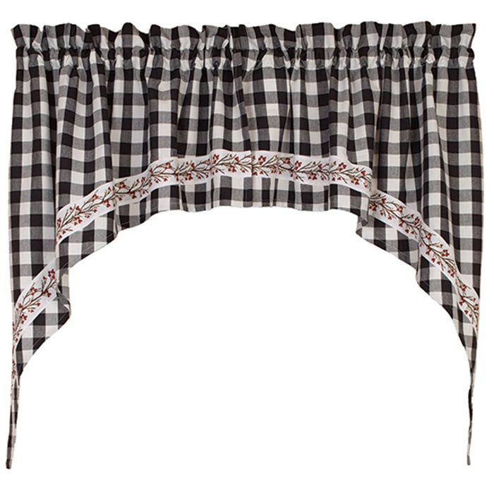 Berry Vine Checked Black Window Swag, 72" x 36", Primitive Country, Checkered