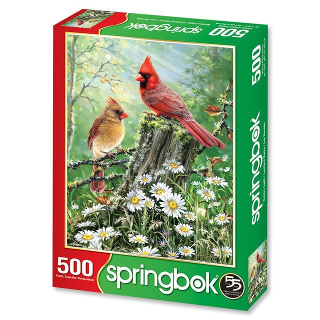 Golden Light 500 Piece Springbok Puzzle - Cardinals on Log with Daisies