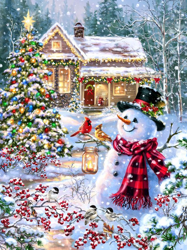 Cottage In The Snow 1000 Piece Springbok Puzzle - Snowman with Cardinals and Chickadees