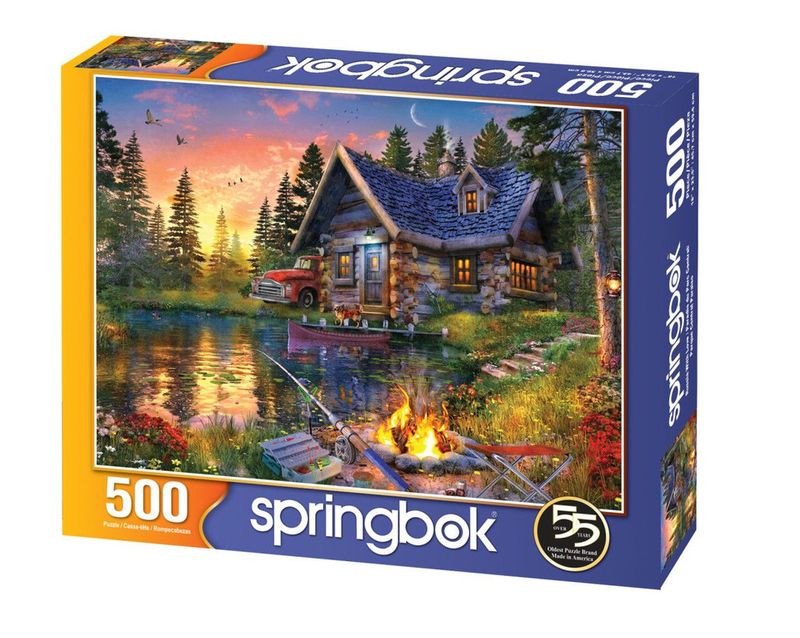 Sun Kissed Cabin 500 Piece Springbok Puzzle - Old truck and Cabin by the Lake, Fishing