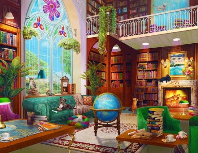 The Library 500 Piece Springbok Puzzle - Comfy Library with Cats and Dog