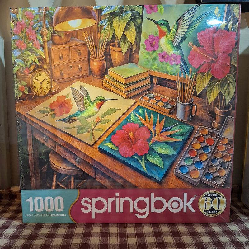Hummingbirds and Hibiscus 1000 Piece Springbok Puzzle - Watercolor Artist's Desk