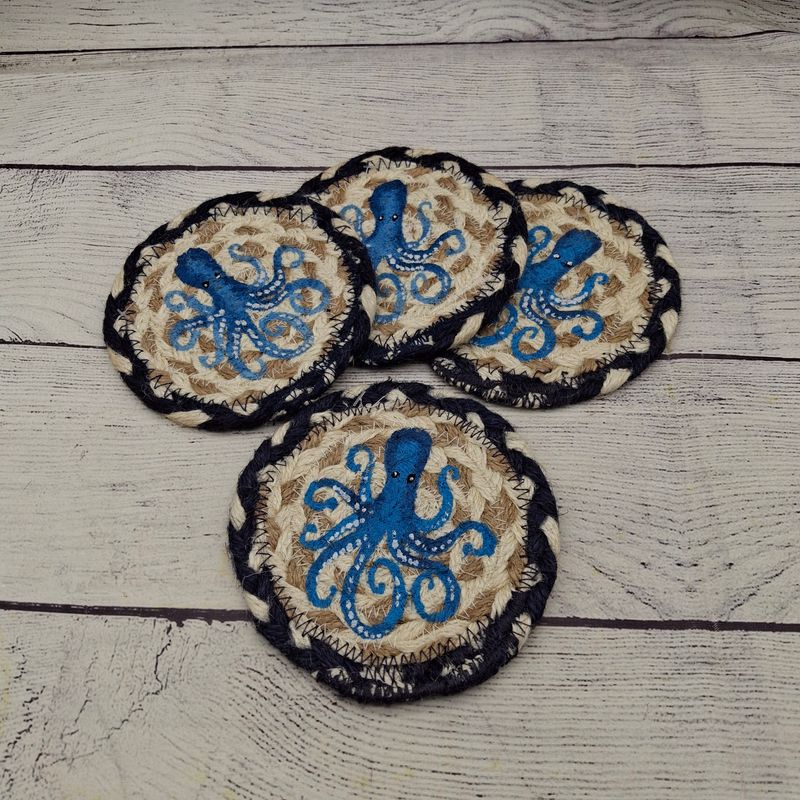 Set of 4 Braided Jute 5" Coasters with a Cute Blue Octopus