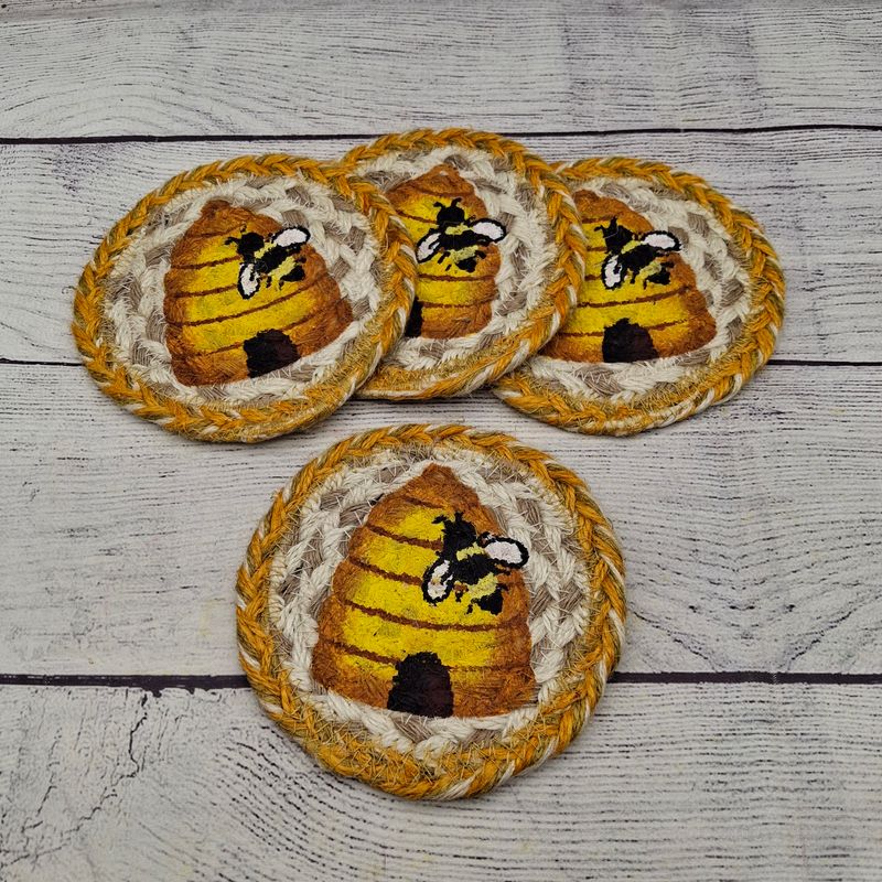 Set of 4 Braided Jute 5" Coasters with a Beehive n Bee