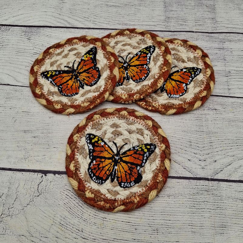 Set of 4 Braided Jute 5" Coasters with an Orange Monarch Butterfly