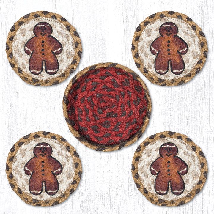 4 gingerbread coasters and a small jute baskets to keep them in