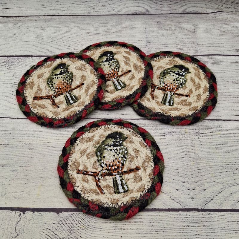 Set of 4 Braided Jute 5" Coasters with a Chickadee on a branch
