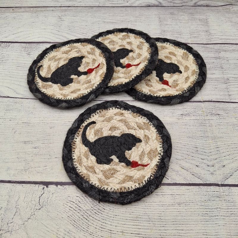 Set of 4 Braided Jute 5" Coasters with a cute Kitten playing With Yarn 