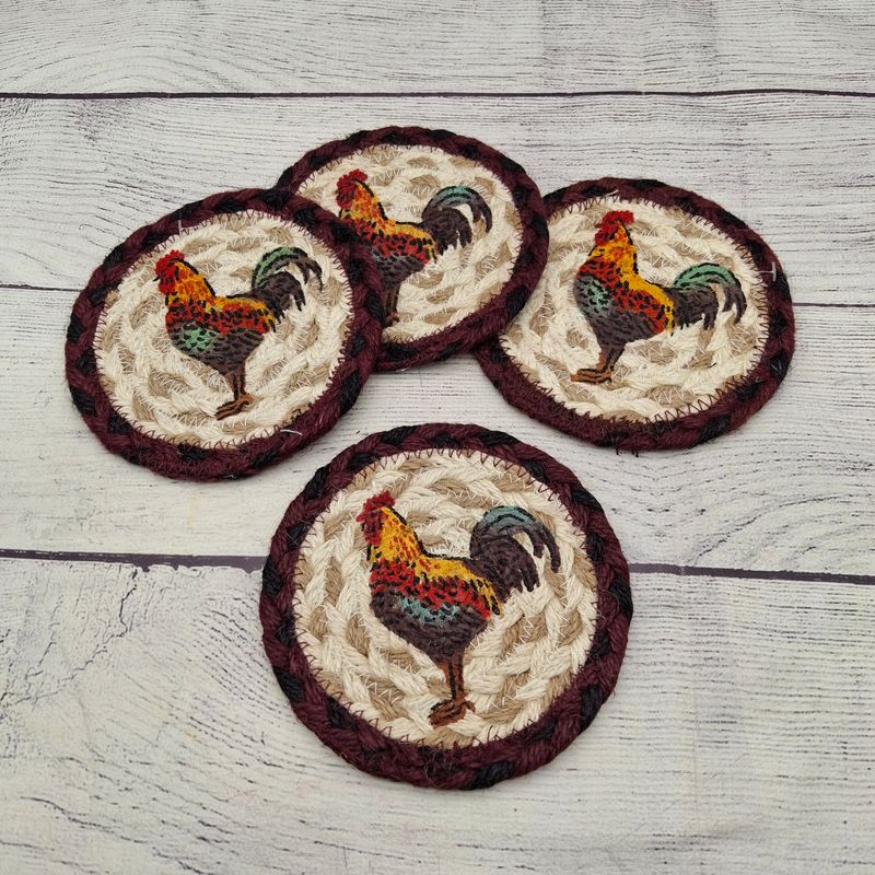 Set of 4 Braided Jute 5" Coasters with a colorful Rustic Rooster