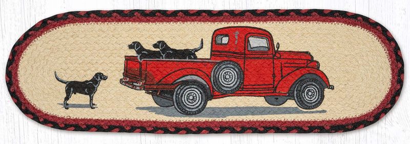 Black Labs and Red Truck Small Table Runner or Stair Tread Earth Rugs, 27"x8.25"