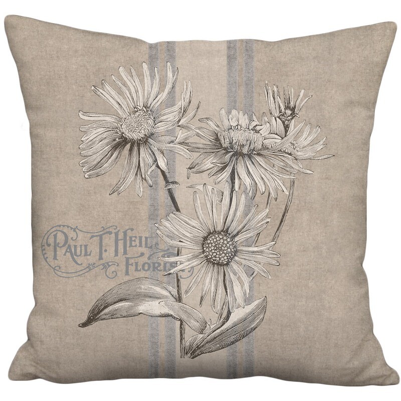 Rustic Americana Grain Sack Style Country Farmhouse Daisy Flower Linen Cotton Pillow Cover