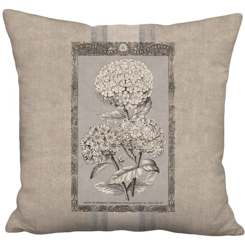 Rustic Americana Farmhouse Grain Sack Style Country Verbena Flower Linen Cotton Pillow Cover