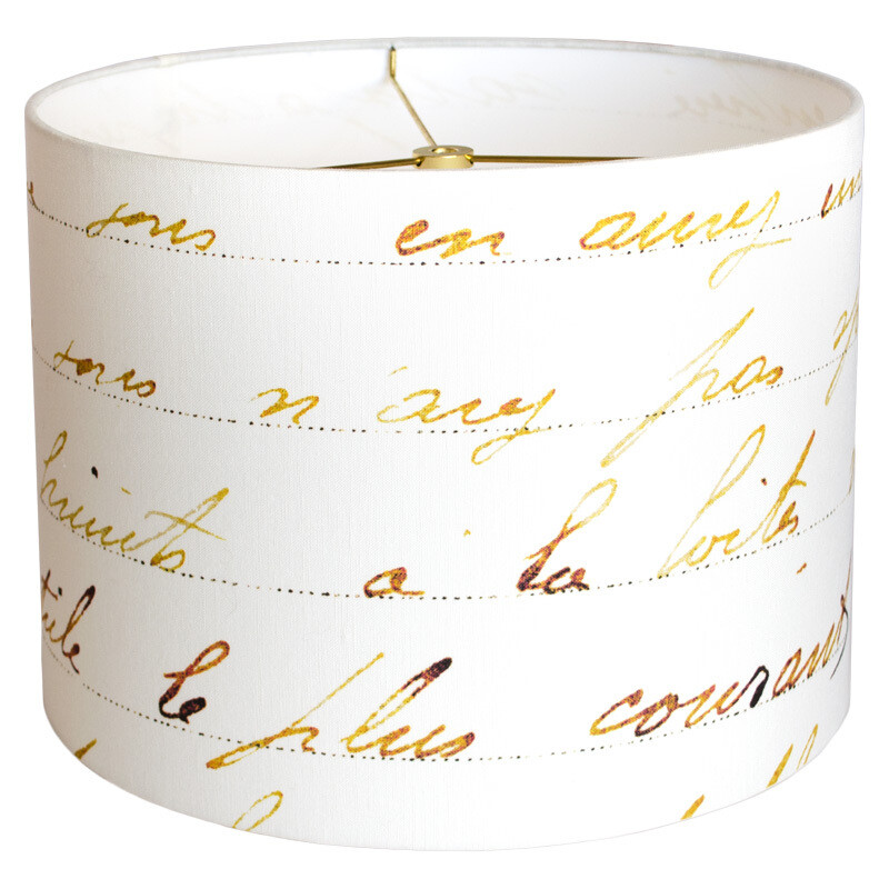 French Script Linen Cotton Lamp Shade - Bronze Gold on White