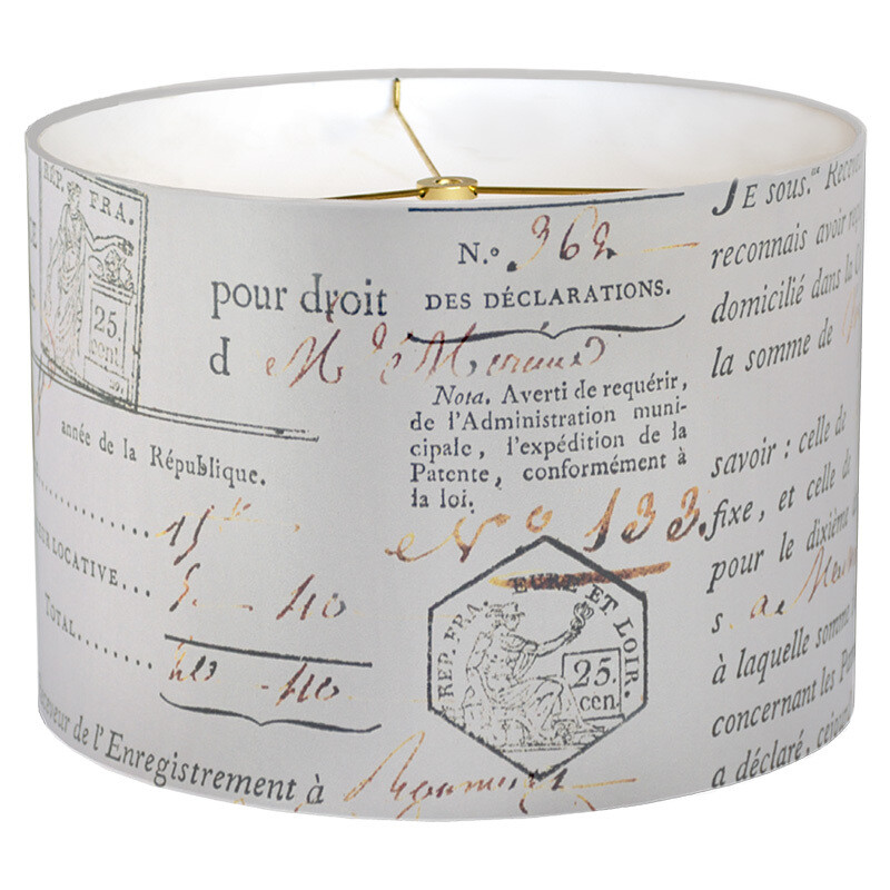 French Document in Cool Grey Linen Cotton Drum Lamp Shade