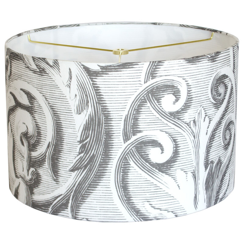Scroll Works Linen Cotton Lamp Shade - Charcoal Grey on White