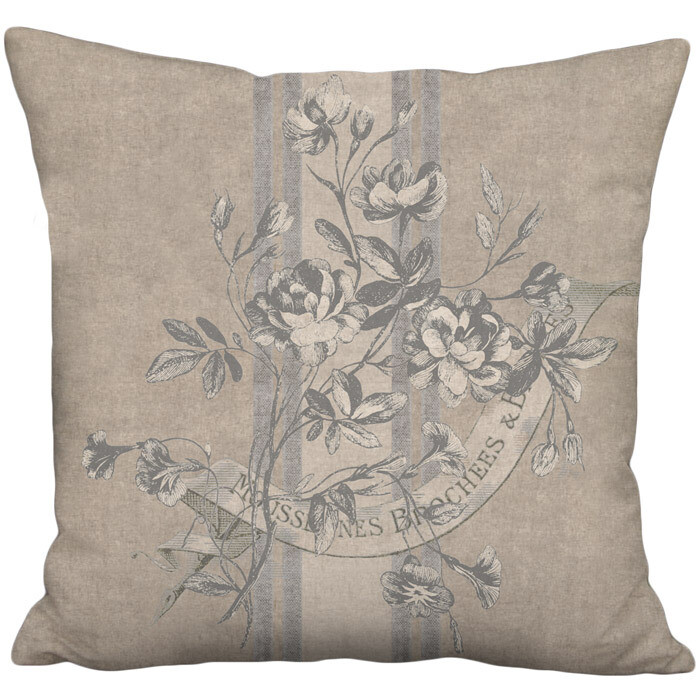 Cabbage Rose Rustic French Country Grain Sack Style Linen Cotton Pillow Cover