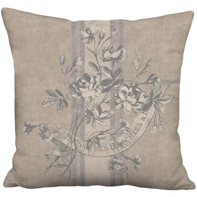 Cabbage Rose Rustic French Country Grain Sack Style Linen Cotton Pillow Cover