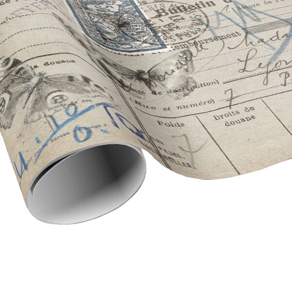 French Travel Document Stamps and Butterflies Wrapping Paper - Gift Paper - Craft Paper