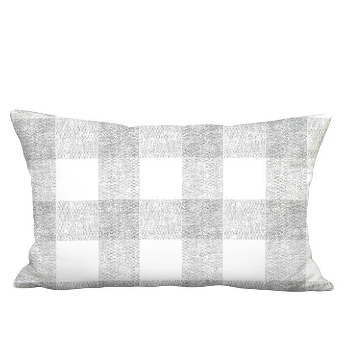 Grey Grain Sack Style Buffalo Check Linen Cotton Lumbar Pillow Cover