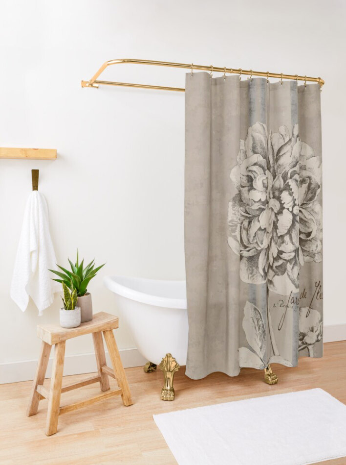 Rustic Grain Sack Style Peony Shower Curtain