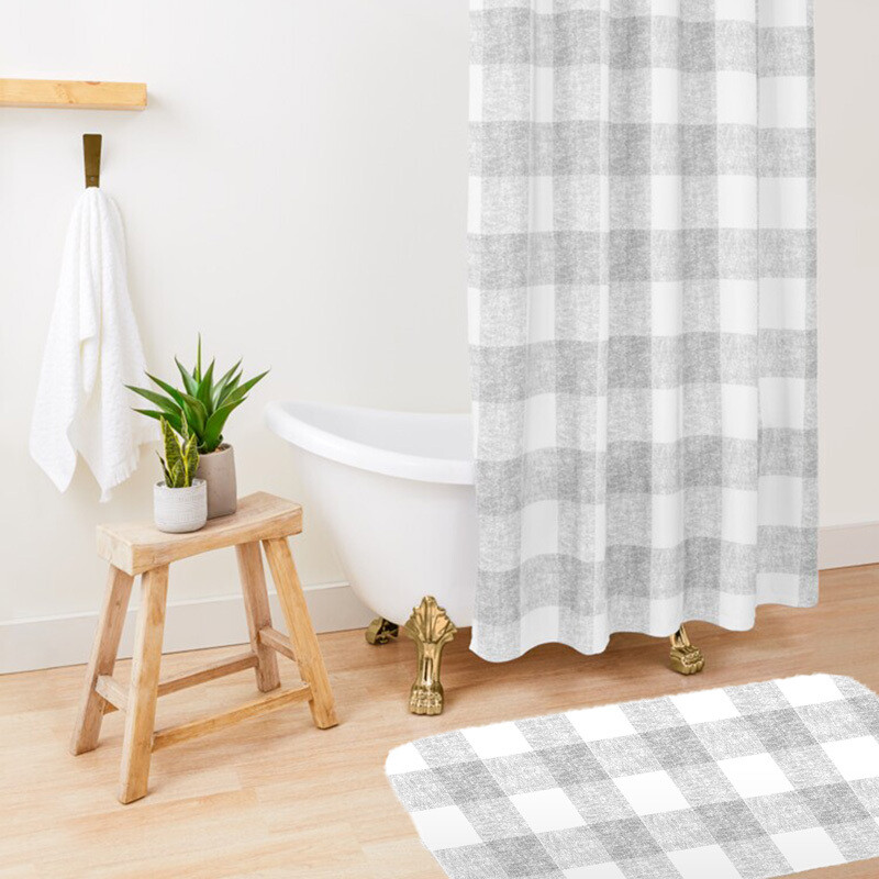 Grey Grain Sack Style Buffalo Check Shower Curtain