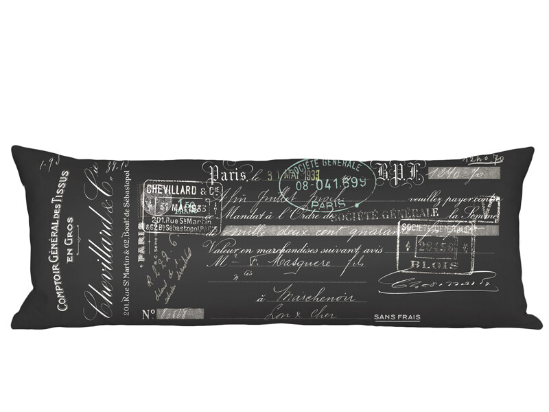 Chevillard French Script on Black Linen Cotton Long Accent Pillow Cover
