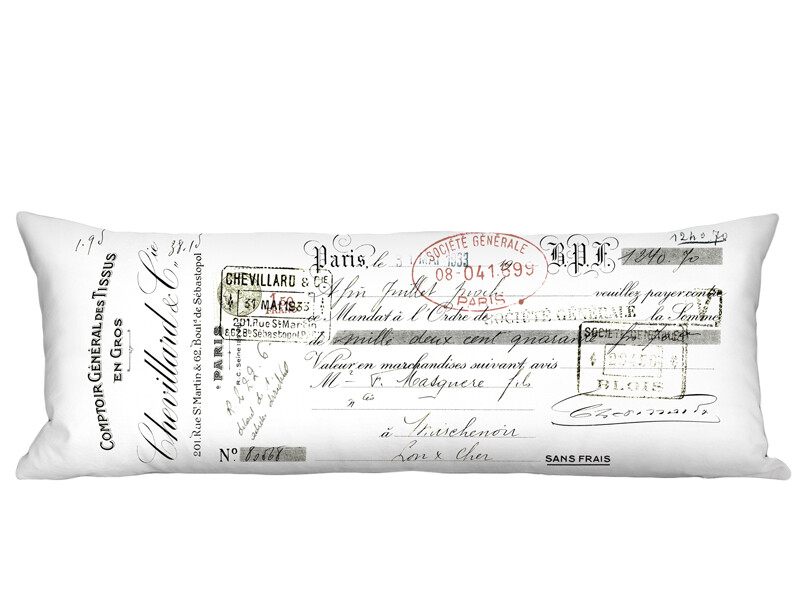 Chevillard French Script on White Linen Cotton Long Accent Pillow Cover