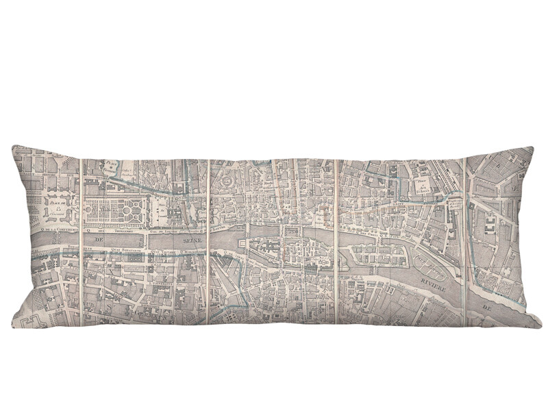 Vintage Paris Pocket Map Linen Cotton Long Accent Pillow Cover