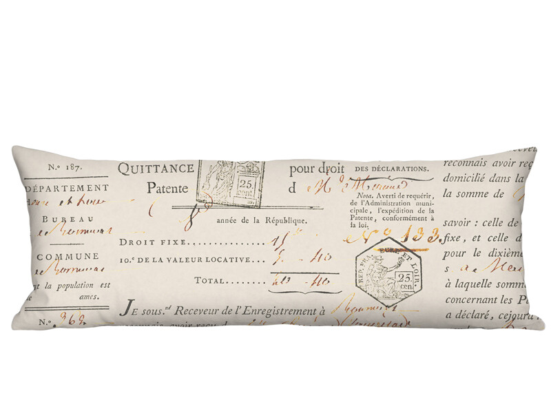 French Document in Beige Linen Cotton Long Accent Pillow Cover