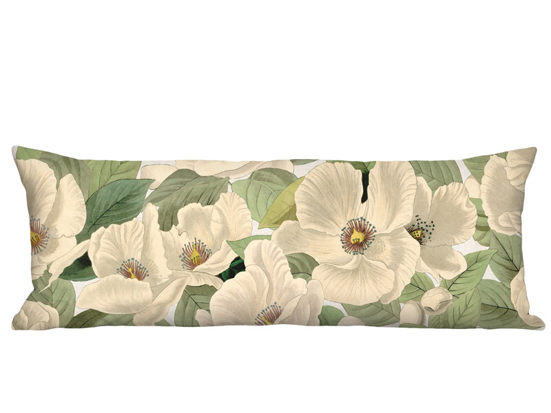 White Blossoms Linen Cotton Long Accent Pillow Cover