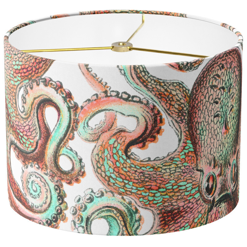 Octopus Fun Linen Cotton Drum Lamp Shade in Coral and Mint