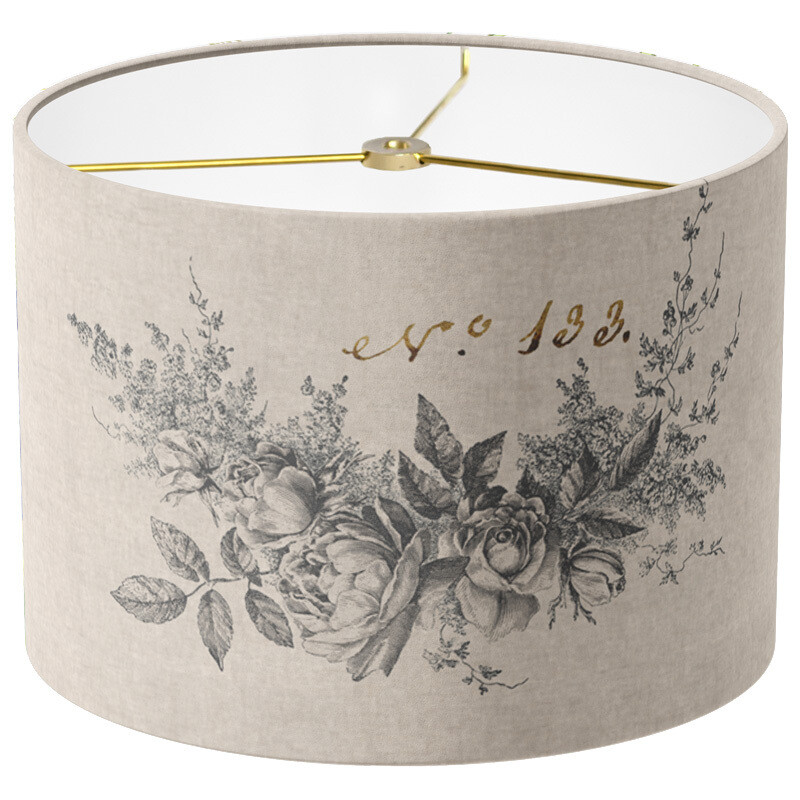 Garland of Roses Linen Cotton Lamp Shade - Charcoal Grey on Beige Grain Sack Style